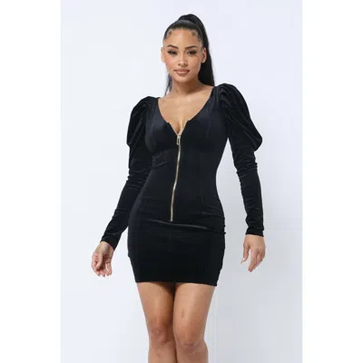 Fashnzfab Soft Velvet Pleated Puff Sleeve Low V Neck Front And Back Mini Dress In Black