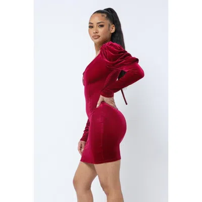 Fashnzfab Soft Velvet Pleated Puff Sleeve Low V Neck Front And Back Mini Dress In Red