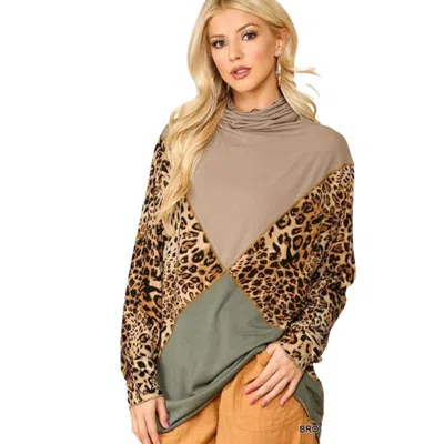 Fashnzfab Solid And Animal Print Mixed Knit Turtleneck Top With Long Sleeves In Green