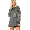 Fashnzfab Solid And Animal Print Mixed Knit Turtleneck Top With Long Sleeves In Multi