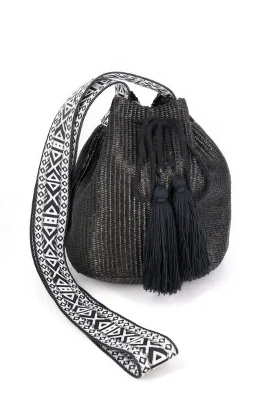 Fashnzfab Solid Bucket Bag With Aztec Strap In Black
