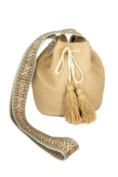 Fashnzfab Solid Bucket Bag With Aztec Strap In Gray