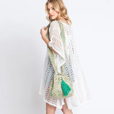 Fashnzfab Solid Bucket Bag With Aztec Strap In Green