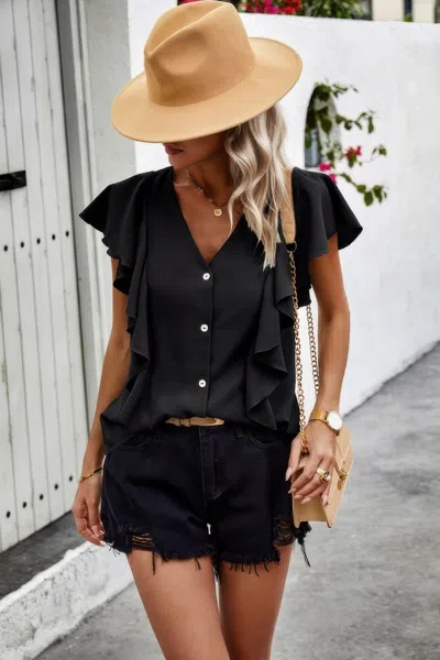 Fashnzfab Solid Button Ruffle V Neck Fit Blouse