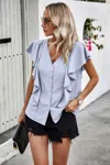 Fashnzfab Solid Button Ruffle V Neck Fit Blouse
