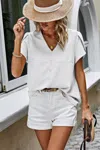 Fashnzfab Solid Button Trim V Neck Loose Fit Blouse