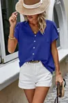 Fashnzfab Solid Button Trim V Neck Loose Fit Blouse