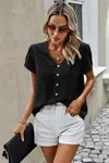 Fashnzfab Solid Button Trim V Neck Loose Fit Blouse