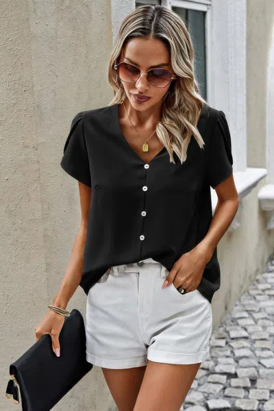 Fashnzfab Solid Button Trim V Neck Loose Fit Blouse