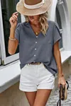 Fashnzfab Solid Button Trim V Neck Loose Fit Blouse