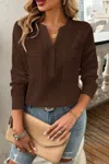 Fashnzfab Solid Buttons V Neck Elegant Front Pockets Blouse