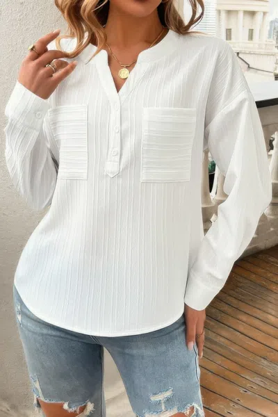 Fashnzfab Solid Buttons V Neck Elegant Front Pockets Blouse