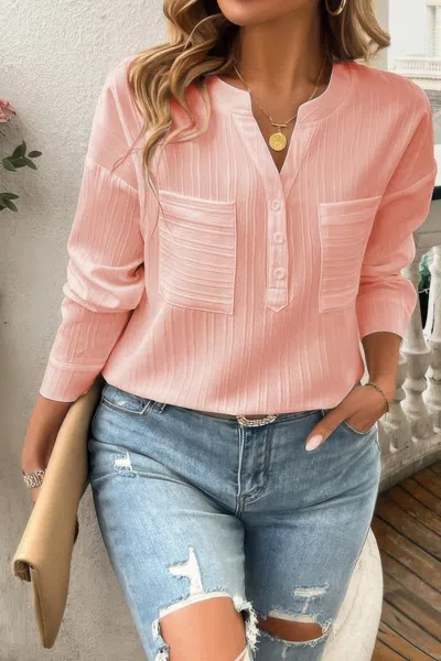 Fashnzfab Solid Buttons V Neck Elegant Front Pockets Blouse