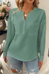 Fashnzfab Solid Buttons V Neck Elegant Front Pockets Blouse
