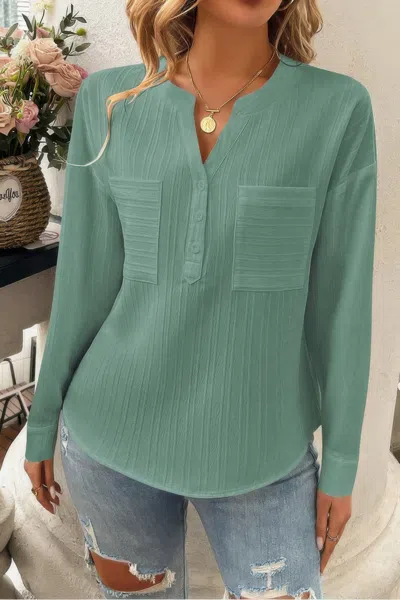 Fashnzfab Solid Buttons V Neck Elegant Front Pockets Blouse