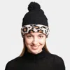 Fashnzfab Solid Color Linked Leopard Accented Pom-pom Beanie In Black