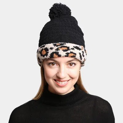 Fashnzfab Solid Color Linked Leopard Accented Pom-pom Beanie In Black