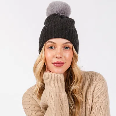 Fashnzfab Solid Color Pom Pom Two Tone Beanie Hat In Black