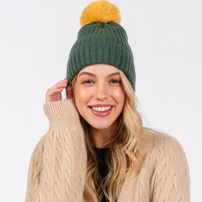 Fashnzfab Solid Color Pom Pom Two Tone Beanie Hat In Green