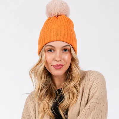 Fashnzfab Solid Color Pom Pom Two Tone Beanie Hat In Orange