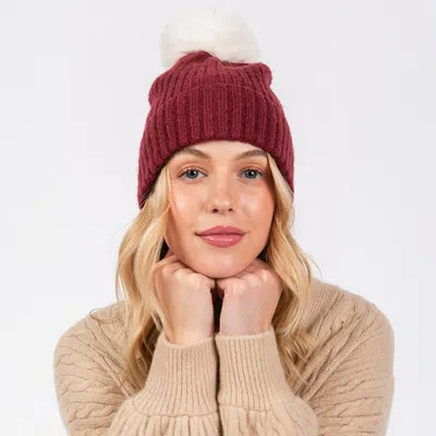 Fashnzfab Solid Color Pom Pom Two Tone Beanie Hat In White