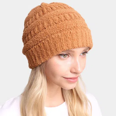 Fashnzfab Solid Color Soft Ribbed Beanie Hat In Brown