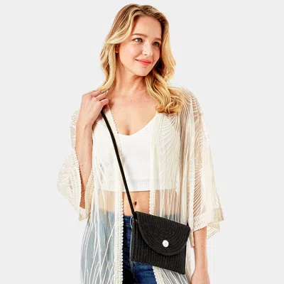 Fashnzfab Solid Color With Pearl Button Straw Micro Crossbody Bag In Black