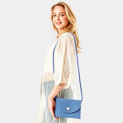 Fashnzfab Solid Color With Pearl Button Straw Micro Crossbody Bag In Blue