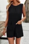 Fashnzfab Solid Crewneck Sleeveless Loose Pockets Romper