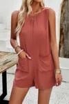 Fashnzfab Solid Crewneck Sleeveless Loose Pockets Romper