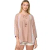 Fashnzfab Solid Crinkle And Print Mix Raglan Sleeve Top With Tassel Tie In Multi