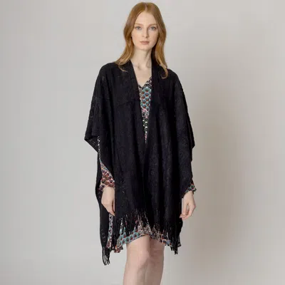 Fashnzfab Solid Crochet Ruana Poncho In Black