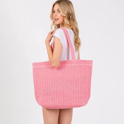 Fashnzfab Solid Crochet Straw Tote Bag / Beach Bag In Pink