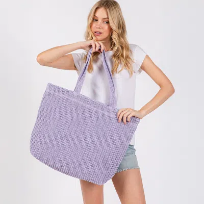 Fashnzfab Solid Crochet Straw Tote Bag / Beach Bag In Purple