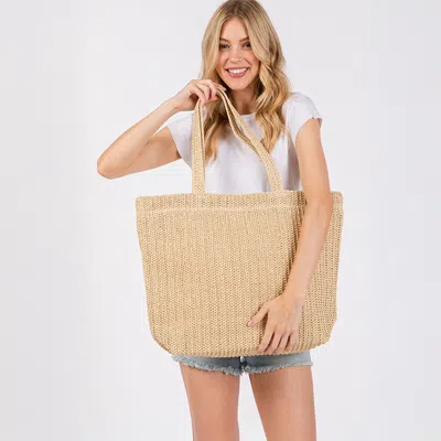 Fashnzfab Solid Crochet Straw Tote Bag / Beach Bag In Sand