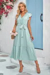 Fashnzfab Solid Dot V Neck Lace Ruffle Belt Long Dress