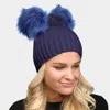 Fashnzfab Solid Double Faux Fur Pom Pom Beanie In Blue