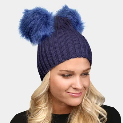Fashnzfab Solid Double Faux Fur Pom Pom Beanie In Blue
