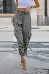Fashnzfab Solid Drawstring Hem Flap Pocket Side Stacked Pant