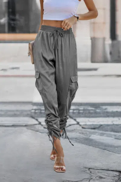 Fashnzfab Solid Drawstring Hem Flap Pocket Side Stacked Pant