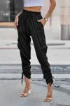 Fashnzfab Solid Drawstring Hem Flap Pocket Side Stacked Pant