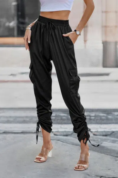 Fashnzfab Solid Drawstring Hem Flap Pocket Side Stacked Pant