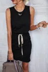 Fashnzfab Solid Drawstring Waist Ruched Sleeveless Mid Dress