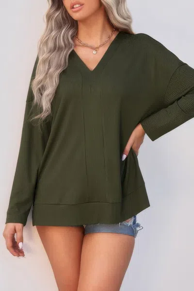Fashnzfab Solid Drop Shoulder V Neck Split Long Sleeve Blous