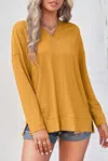 Fashnzfab Solid Drop Shoulder V Neck Split Long Sleeve Blous