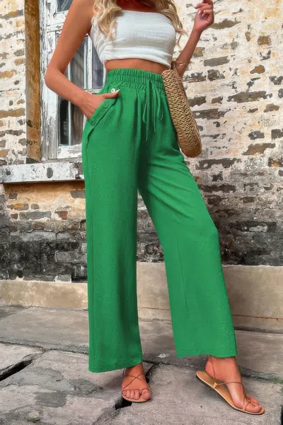 Fashnzfab Solid Elegant Wide Leg Drawstring Waist Pockets Pant