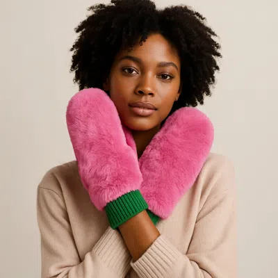 Fashnzfab Solid Faux Fur Open Up Mitten Gloves In Pink