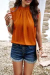 Fashnzfab Solid Frill Trim Mock Neck Sleeveless Tunic Blouse