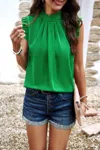 Fashnzfab Solid Frill Trim Mock Neck Sleeveless Tunic Blouse