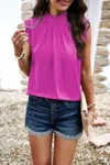 Fashnzfab Solid Frill Trim Mock Neck Sleeveless Tunic Blouse